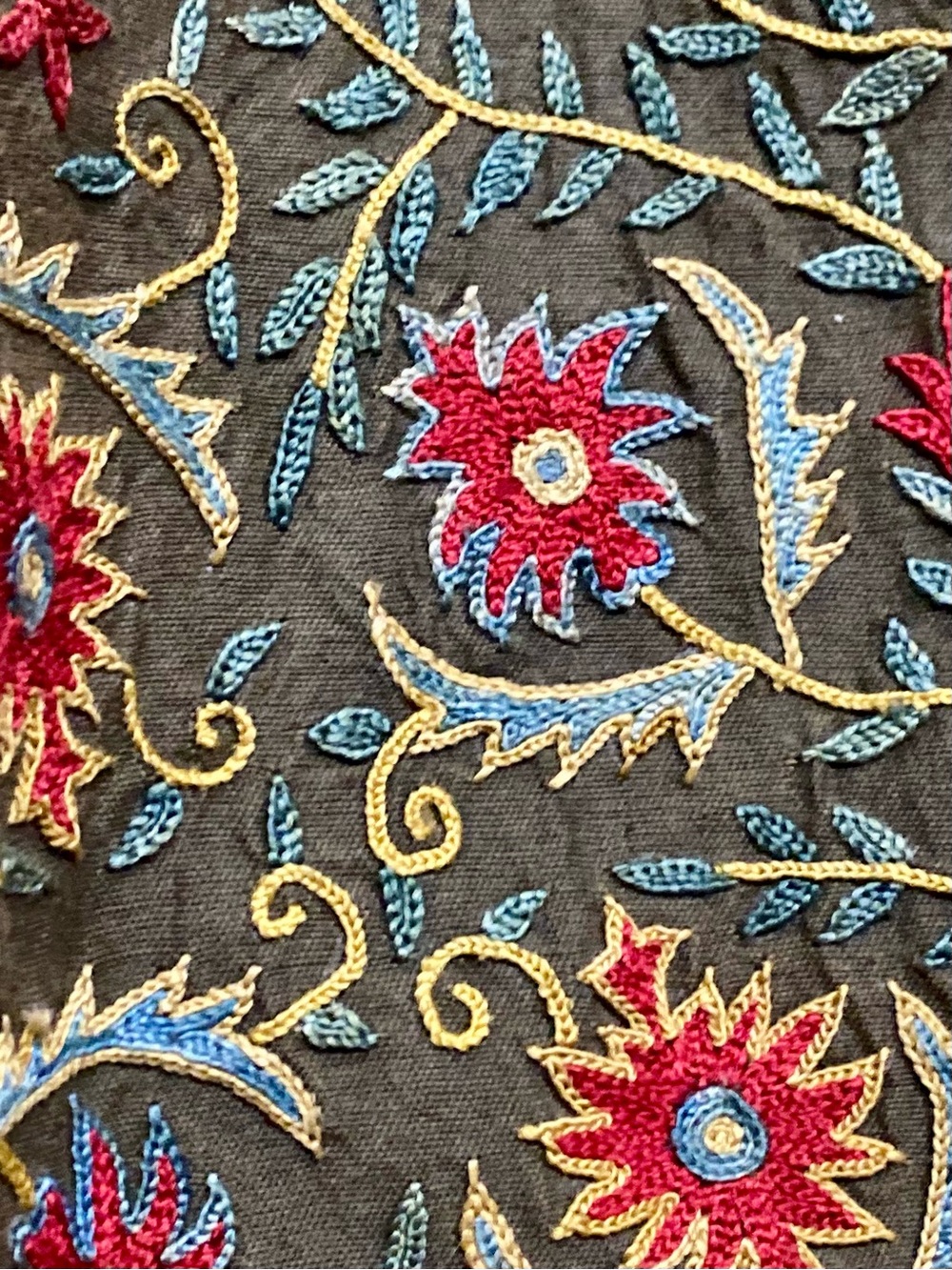 Turkish Embroidered Floral Canvas and Leather Bag in Olive with Colorful Accents - Picture 14 of 16